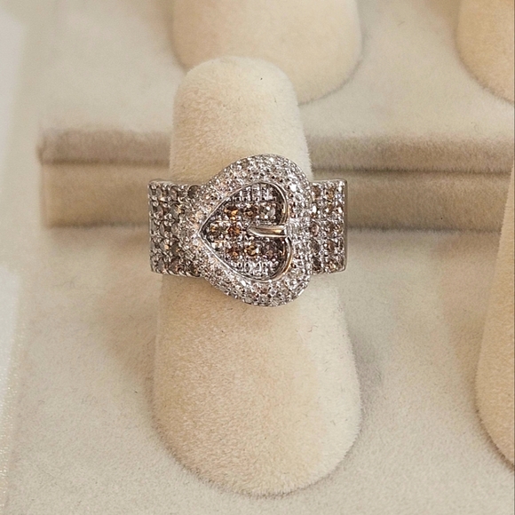 925 Sterling Silver Pave Diamonds Heart Buckle Band Ring Size 5 - Picture 4 of 7